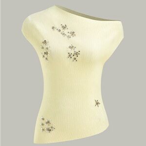 NWT. Elegant Off-Shoulder Cream Top with Rhinestone